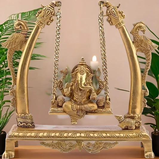 Brassaura™ Brass Ganesha Jhula Murti – Height 15.35 inches & Weight 3 kgs | Traditional Ganpati Murti for Home & Pooja Room