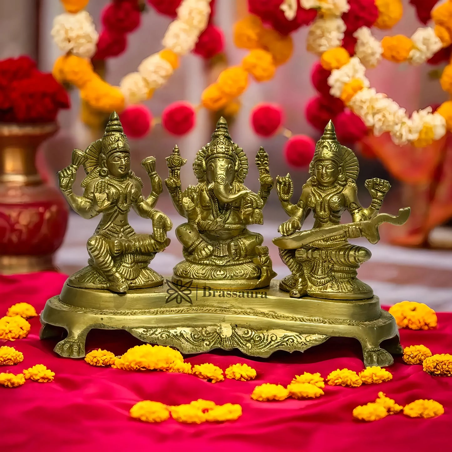 Brassaura™ Artistic Brass Laxmi Ganesha Saraswati Idol – Height 8 Inches & Weight 3.1 Kgs | Spiritual Home Décor