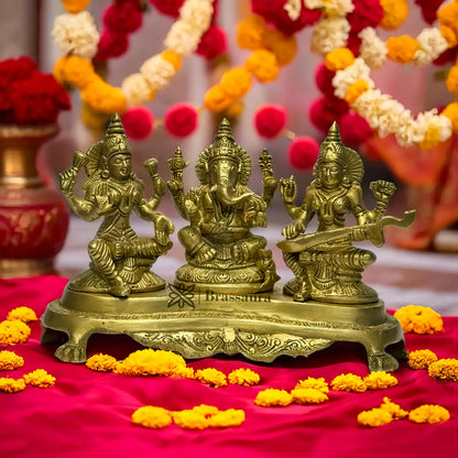 Brassaura™ Artistic Brass Laxmi Ganesha Saraswati Idol – Height 8 Inches & Weight 3.1 Kgs | Spiritual Home Décor