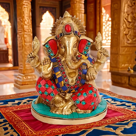 Brassaura™ Gemstone-Embellished Brass Ganesha Murti for Home & Temple Décor | Height 8.3 Inches & Weight 2.5 Kgs