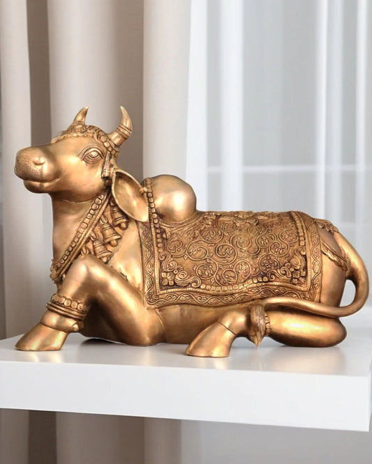Brassaura™ Pure Brass Nandi Statue with Three Shivling – Height 8 Inches & Weight 5.5 Kgs | Intricately Carved Sand Finish Idol