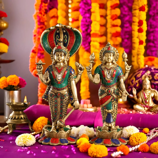 Brassaura™ Handcrafted Brass Vishnu & Lakshmi Statues – 14kg, 17-Inch – Elegant Divine Décor for Home Temple & Spiritual Spaces