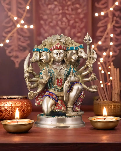 Brassaura™ Brass Panchmukhi Hanuman Idol – Height 11 Inches & Weight 6.6 Kgs | Handcrafted with Natural Stones