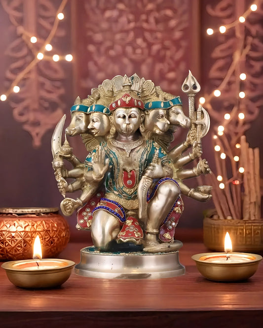 Brassaura™ Brass Panchmukhi Hanuman Idol – Height 11 Inches & Weight 6.6 Kgs | Handcrafted with Natural Stones
