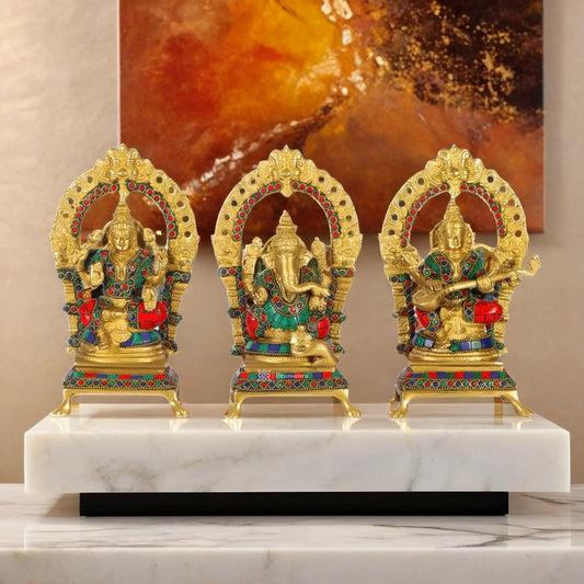 Brass Gem Stone Work Laxmi Ganesha Saraswati Murti for Home and Decor Height 8 Inches