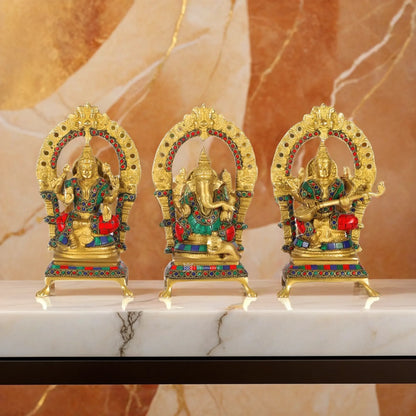 Brass Gem Stone Work Laxmi Ganesha Saraswati Murti for Home and Decor Height 8 Inches
