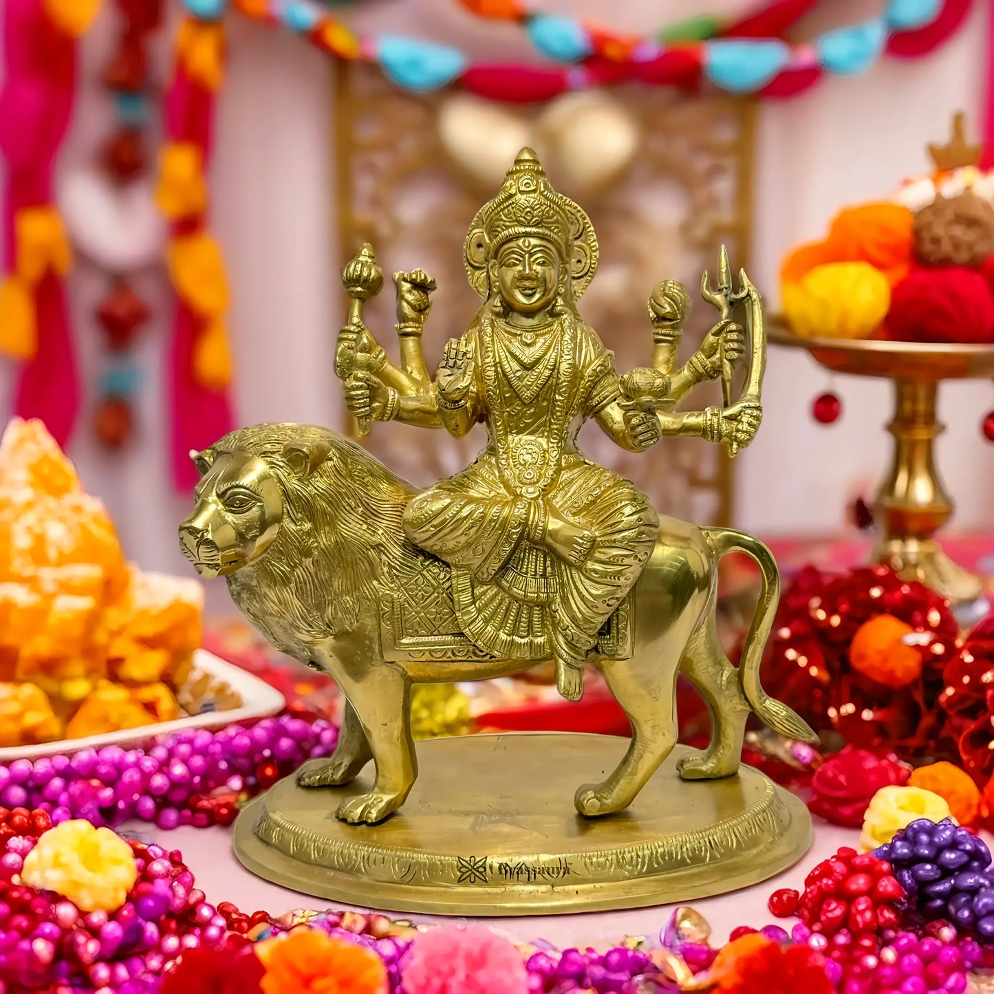 Brassaura™ Brass Durga Sherawali Murti for Home and Decor Height 11.5 inches & Weight 3.9 Kgs