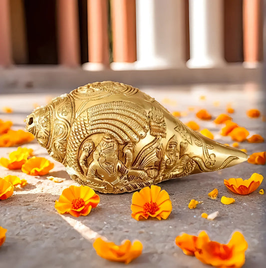 Brassaura™ Pure Brass Lakshmi Narayana Resting on Sheshanaga Shankh – Height 3.5 Inches & Weight 1.5 Kgs