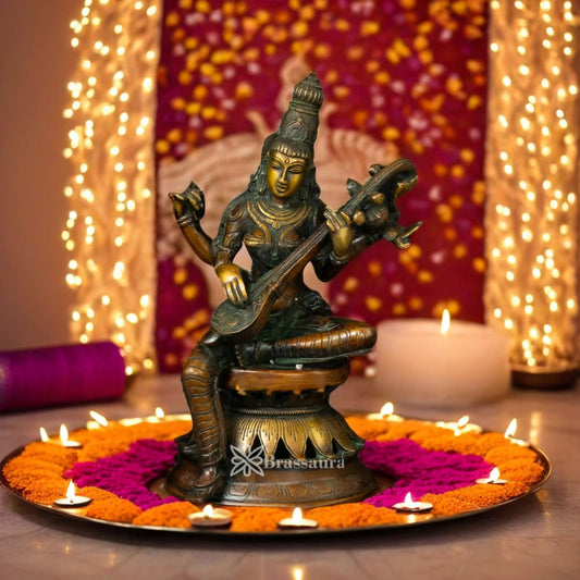 Brassaura™ Brass Saraswati Figurine – Height 12.2 Inches & Weight 4.59 Kgs | Artistic Goddess Statue