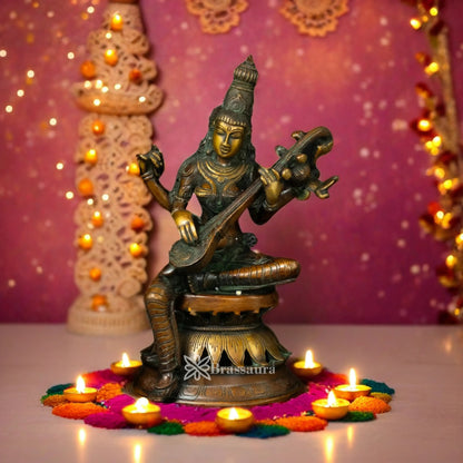 Brassaura™ Brass Saraswati Figurine – Height 12.2 Inches & Weight 4.59 Kgs | Artistic Goddess Statue