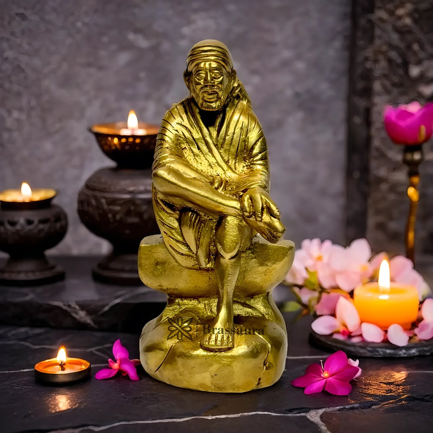 Brassaura™ Brass Sai Baba Idol – Height 9 Inches & Weight 2.1 Kgs | Handcrafted Spiritual Sculpture for Pooja Room