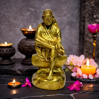 Brassaura™ Brass Sai Baba Idol – Height 9 Inches & Weight 2.1 Kgs | Handcrafted Spiritual Sculpture for Pooja Room