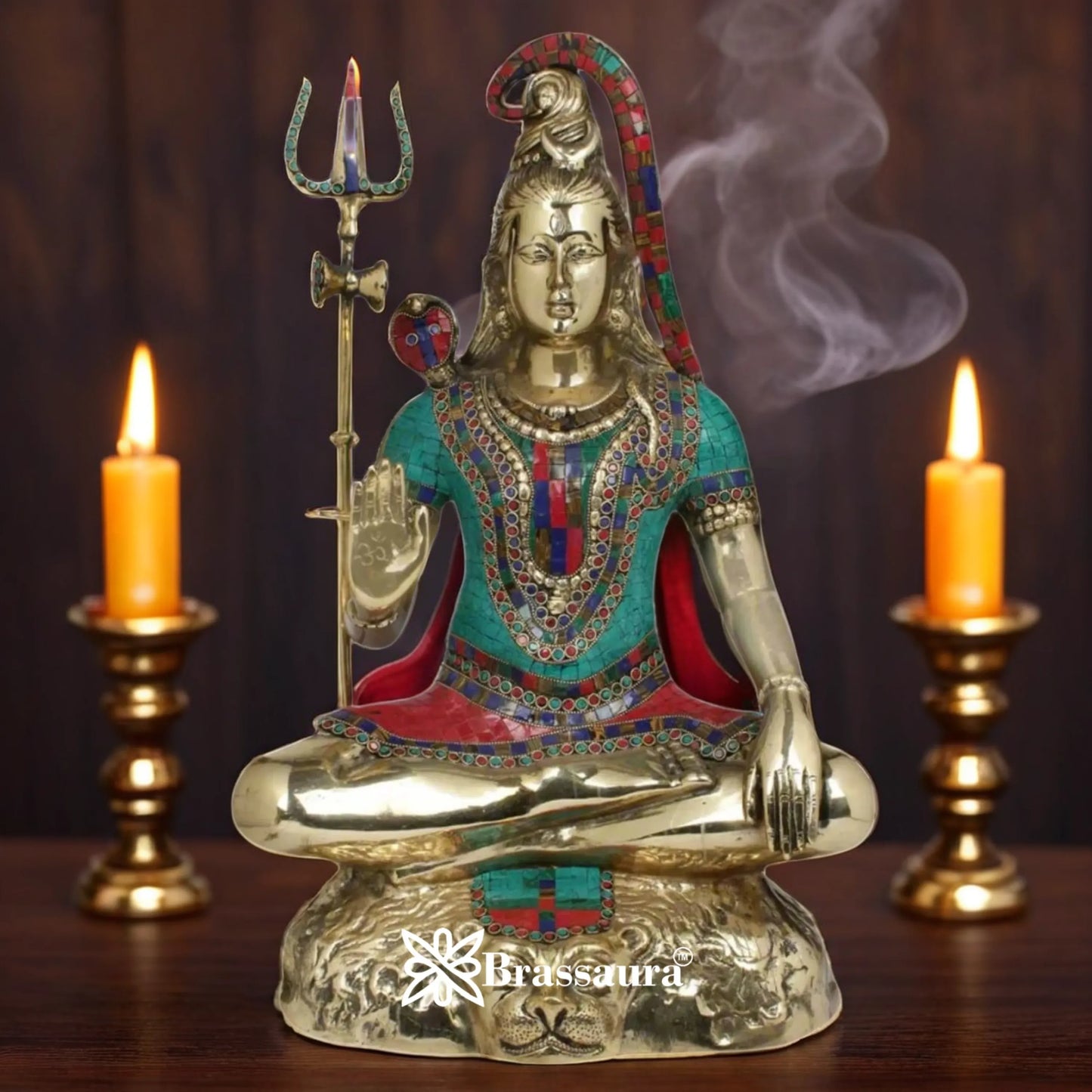 Brassaura™ Brass Gem Stone Work Lord Shiva Murti – Height 24 Inches & Weight 18.5 Kgs | Devotional Home Décor