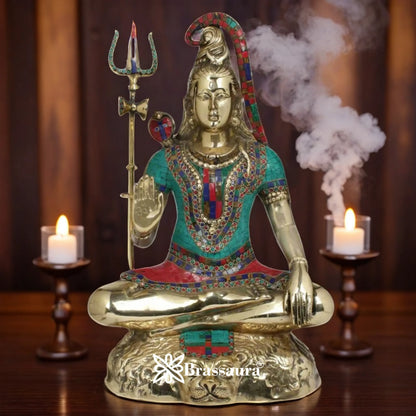 Brassaura™ Brass Gem Stone Work Lord Shiva Murti – Height 24 Inches & Weight 18.5 Kgs | Devotional Home Décor