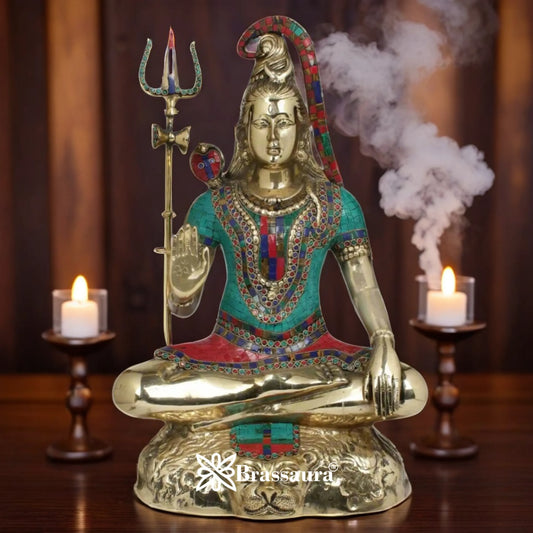 Brassaura™ Brass Gem Stone Work Lord Shiva Murti – Height 24 Inches & Weight 18.5 Kgs | Devotional Home Décor