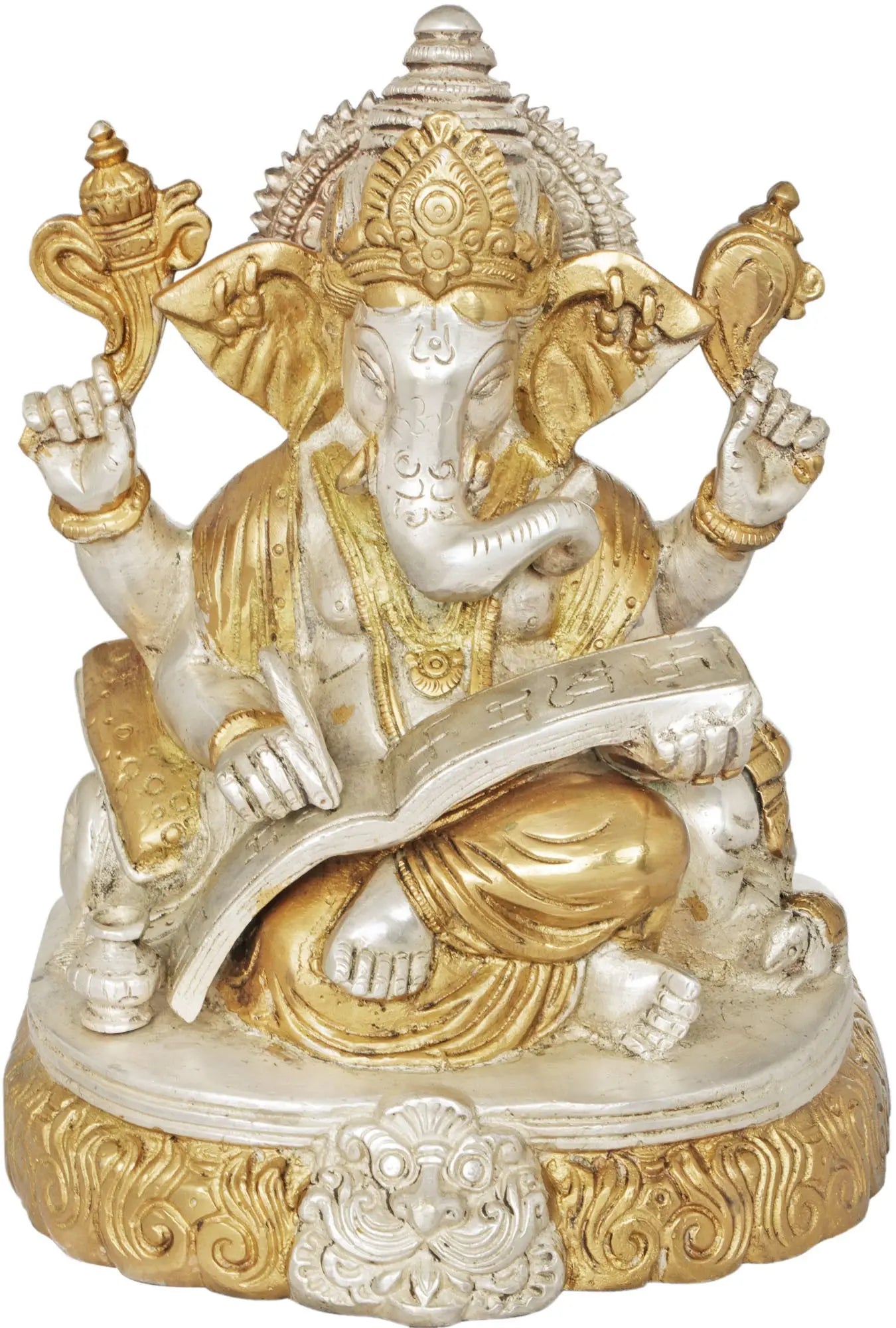 Brassaura® Lord Ganesha Writing Mahabharata | Pure Brass Gold & Silver Finish | Height 7.5 Inches & Weight 2.80 kgs