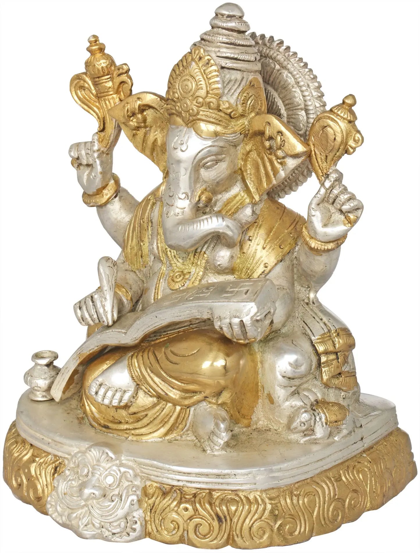 Brassaura® Lord Ganesha Writing Mahabharata | Pure Brass Gold & Silver Finish | Height 7.5 Inches & Weight 2.80 kgs