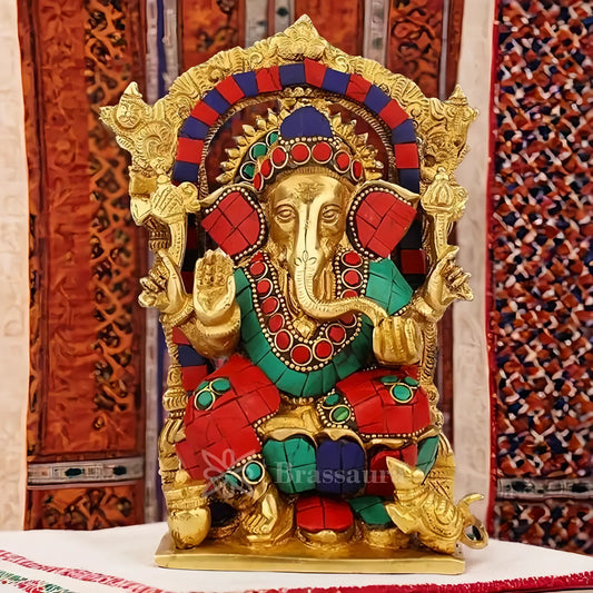 Brassaura™ Brass Ganesha Gemstone Work Murti – Height 8.66 inches | Weight 1.9 kgs