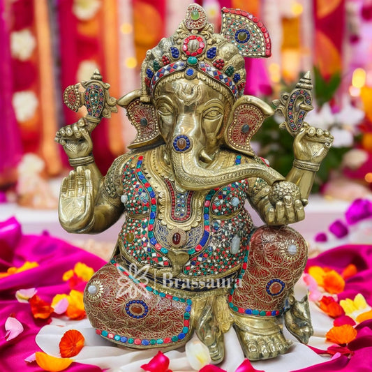 Brassaura™ Brass Gem Stone Work Ganesha Statue for Home and Decor | Weight 27 Kgs | Height 20 Inches