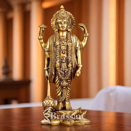 Brassaura™ Handcrafted Superfine Brass Lord Vishnu Satyanarayan Statue with Four Arms (Chaturbhuja) on Lotus Base | 8 Inch Height | 2 KG Weight