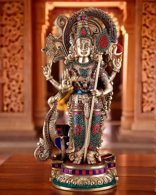 Brassaura™ Handcrafted Lord Murugan Statue in Superfine Brass – 20 Inches Height, 14 Kgs – With Peacock & Cobra