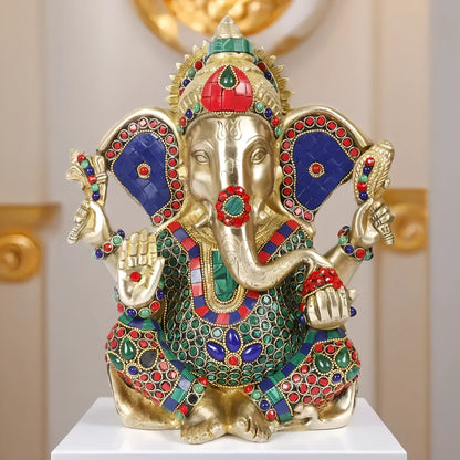 Brassaura™ Brass Gem Stone Work Ganesha Statue | Handcrafted Brass Idol | Height 35 cm & Weight 5.6 Kgs