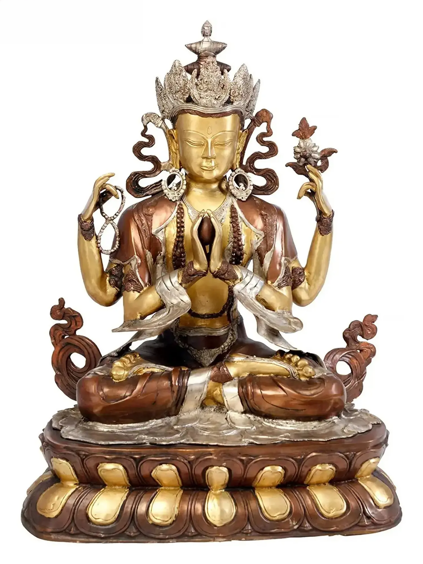 Brassaura® Four-Armed Avalokiteshvara Seated on Lotus | Pure Brass | Height 28 Inches & Weight 25 kgs