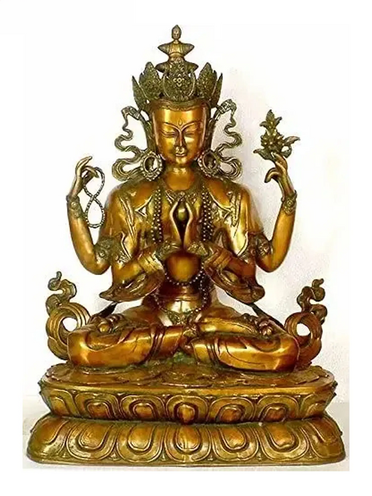 Brassaura® Avalokiteshvara de Quatro Braços Sentado no Lótus | Latão Puro | 71 cm de Altura e 25 kg de Peso