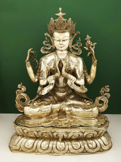 ब्रसौरा® चार-भुजाओं वाले अवलोकितेश्वर कमल पर विराजमान | शुद्ध पीतल | ऊंचाई 28 इंच और वज़न 25 किलोग्राम