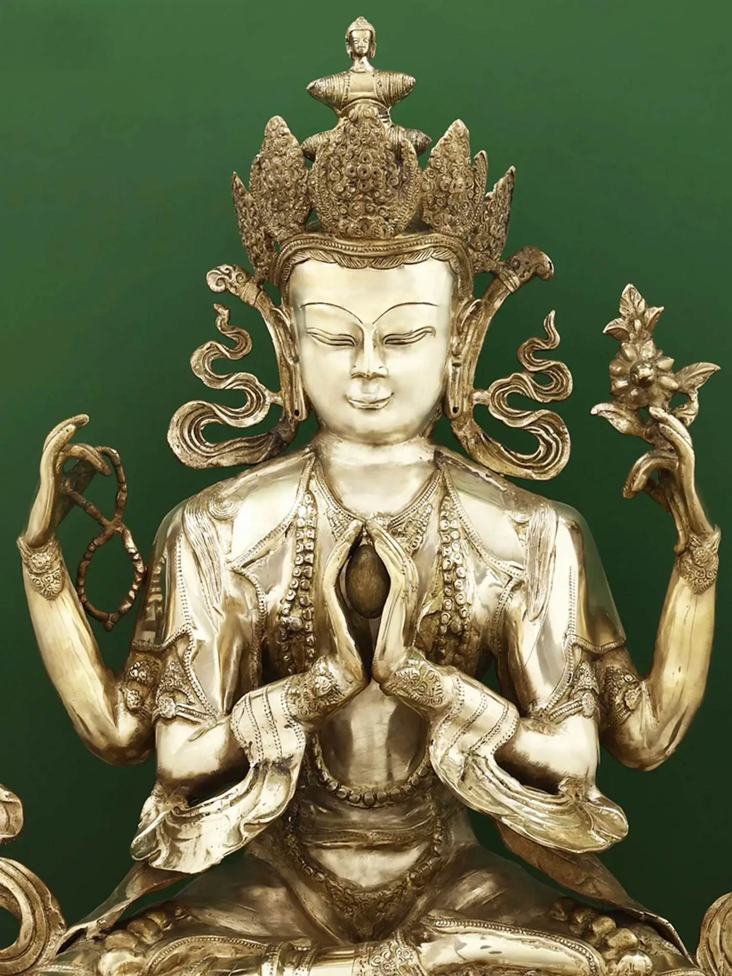 ब्रसौरा® चार-भुजाओं वाले अवलोकितेश्वर कमल पर विराजमान | शुद्ध पीतल | ऊंचाई 28 इंच और वज़न 25 किलोग्राम