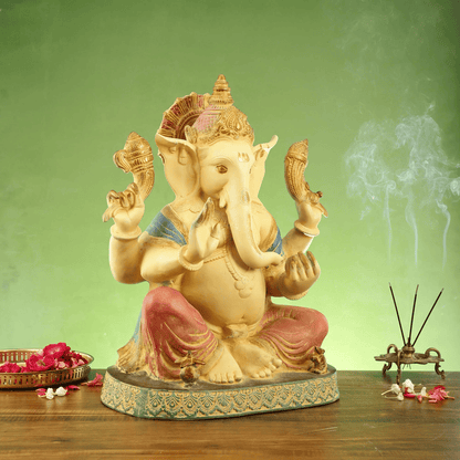 Brassaura™ Hand-Painted Brass Lord Ganesha Statue with Intricate Engravings | Height 21.5 Inches & Weight 31 Kgs