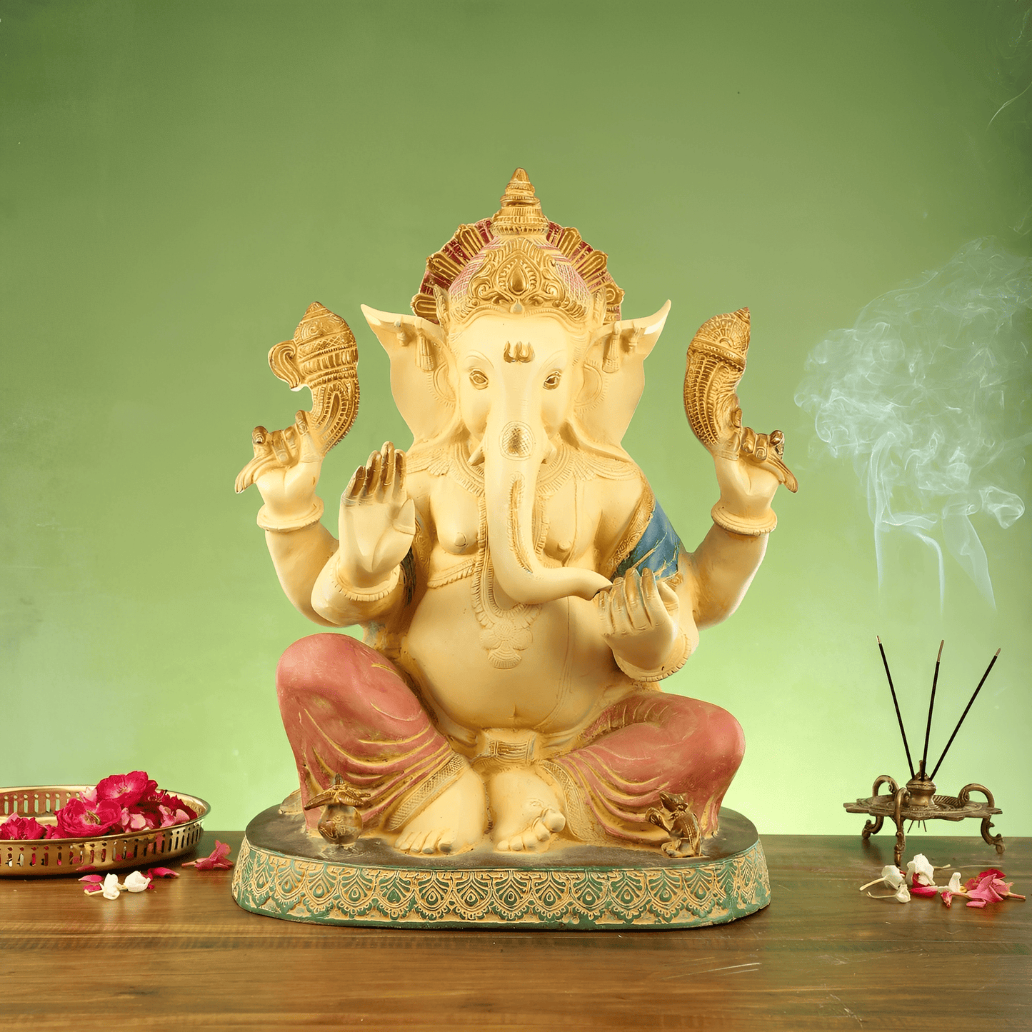 Brassaura™ Hand-Painted Brass Lord Ganesha Statue with Intricate Engravings | Height 21.5 Inches & Weight 31 Kgs