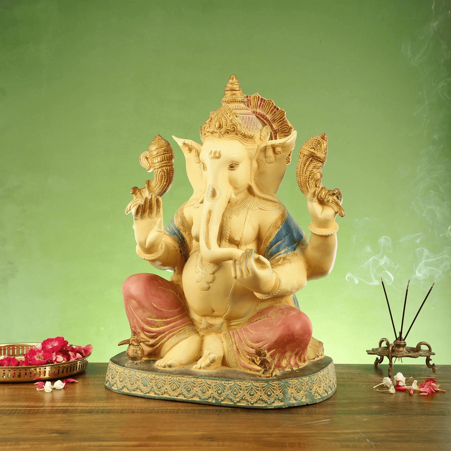 Brassaura™ Hand-Painted Brass Lord Ganesha Statue with Intricate Engravings | Height 21.5 Inches & Weight 31 Kgs