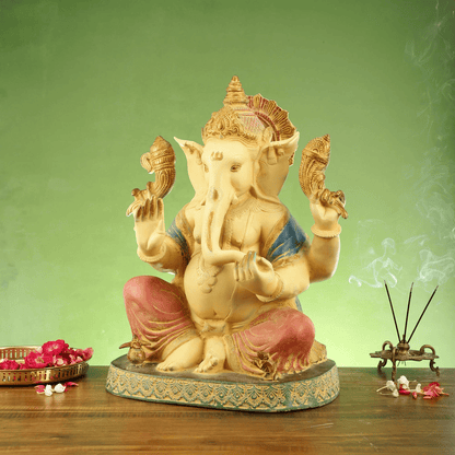 Brassaura™ Hand-Painted Brass Lord Ganesha Statue with Intricate Engravings | Height 21.5 Inches & Weight 31 Kgs