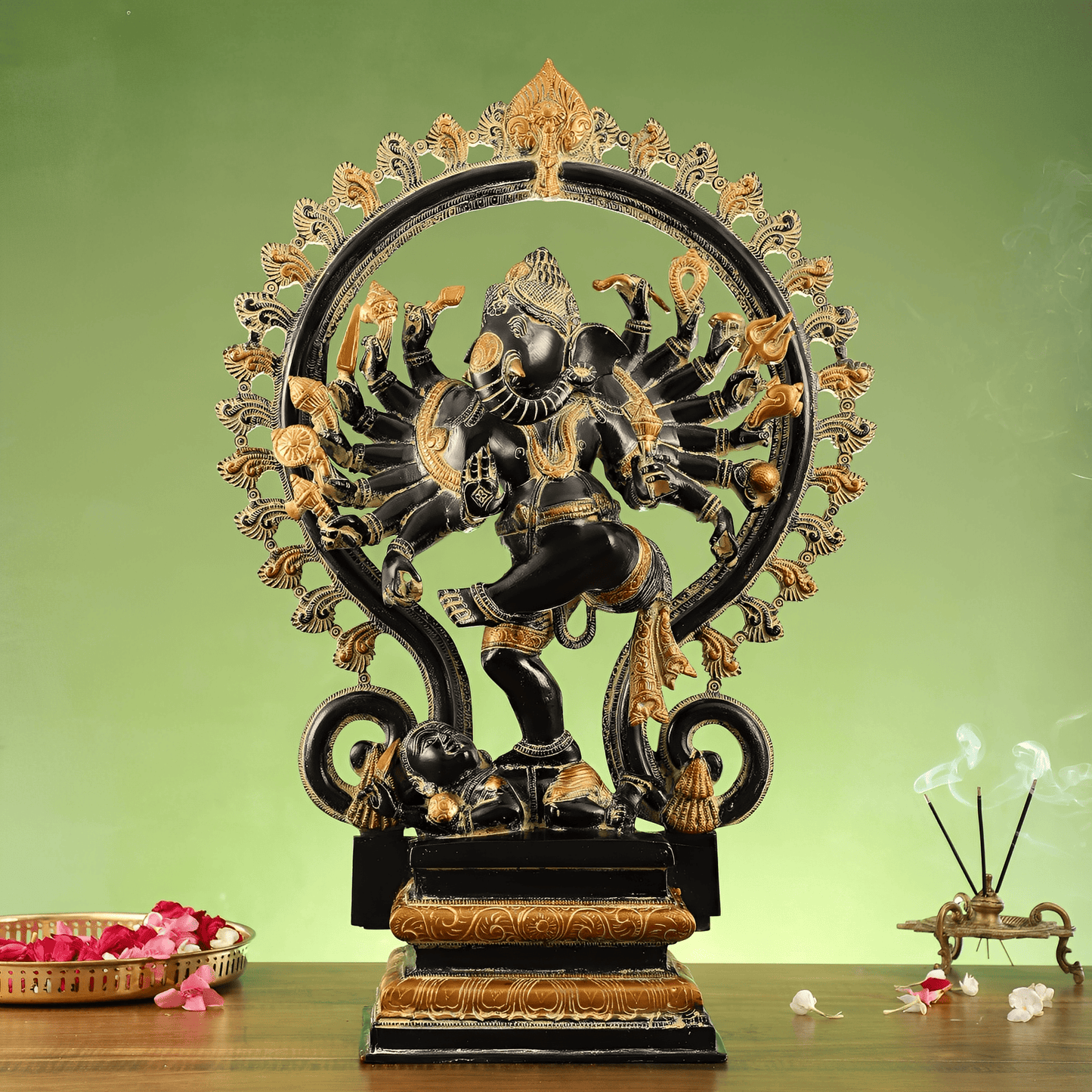 Brassaura™ Antique Sand Finish Brass Dancing Ganesha Statue with 16 Arms & Fire Ring | Height 26 Inches & Weight 24 Kgs