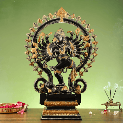 Brassaura™ Antique Sand Finish Brass Dancing Ganesha Statue with 16 Arms & Fire Ring | Height 26 Inches & Weight 24 Kgs