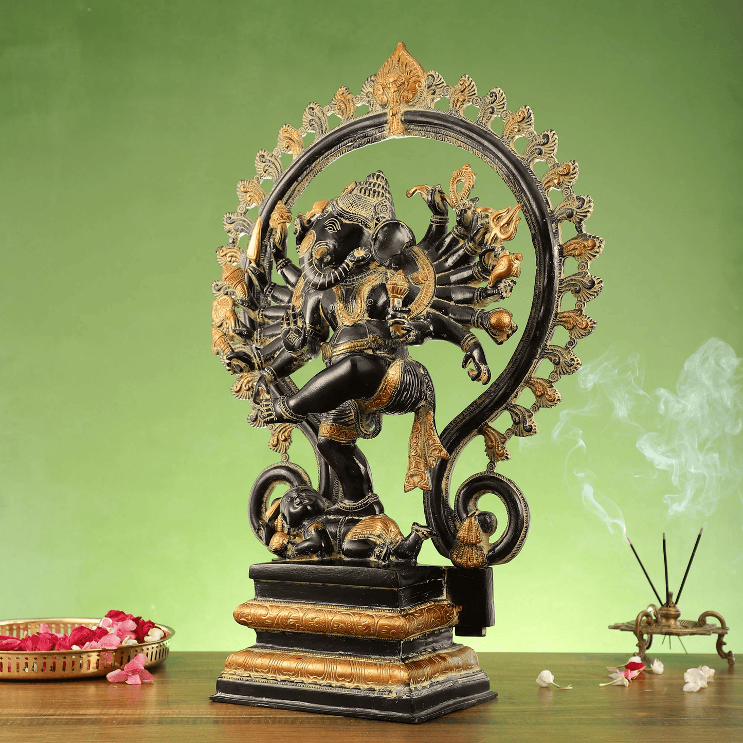 Brassaura™ Antique Sand Finish Brass Dancing Ganesha Statue with 16 Arms & Fire Ring | Height 26 Inches & Weight 24 Kgs