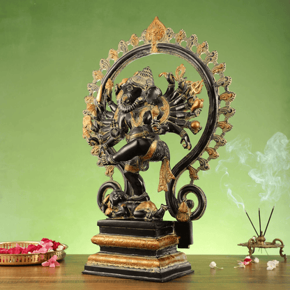 Brassaura™ Antique Sand Finish Brass Dancing Ganesha Statue with 16 Arms & Fire Ring | Height 26 Inches & Weight 24 Kgs
