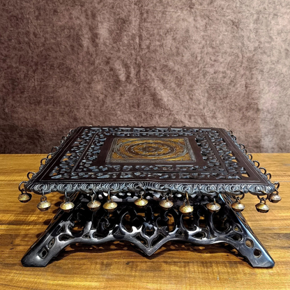 Brassaura® Square Aasan Chowki with Ghungroo Bells & Antique Black and Gold Finish | Pure Superfine Brass Handcrafted Pedestal | Brass Bajot for Home Temple, Pooja Room | Height 5 Inches | Weight 11 Kgs