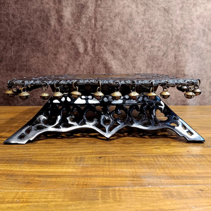 Brassaura® Square Aasan Chowki with Ghungroo Bells & Antique Black and Gold Finish | Pure Superfine Brass Handcrafted Pedestal | Brass Bajot for Home Temple, Pooja Room | Height 5 Inches | Weight 11 Kgs