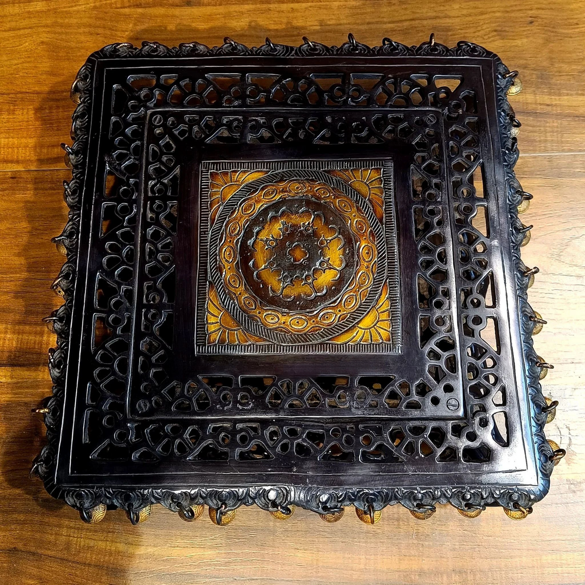 Brassaura® Square Aasan Chowki with Ghungroo Bells & Antique Black and Gold Finish | Pure Superfine Brass Handcrafted Pedestal | Brass Bajot for Home Temple, Pooja Room | Height 5 Inches | Weight 11 Kgs
