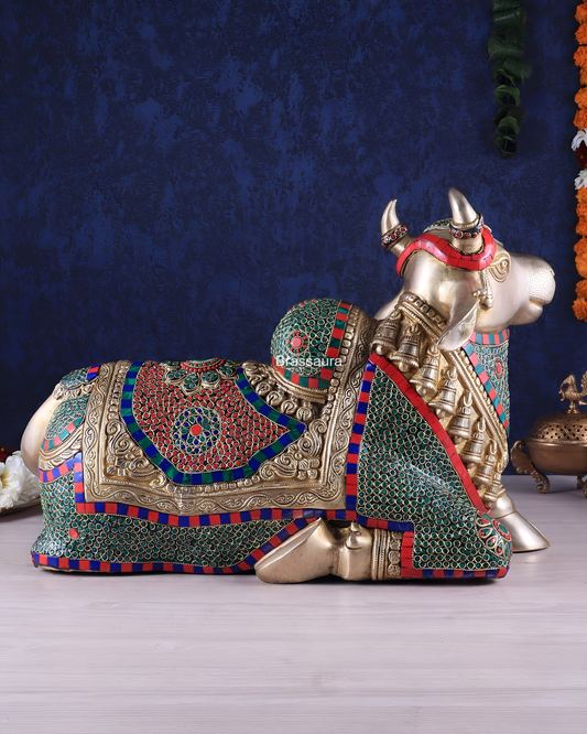 Brassaura™ Brass Nandi Statue with Intricate Stonework – Height 15" & Weight 22.5 Kgs | Temple & Home Décor