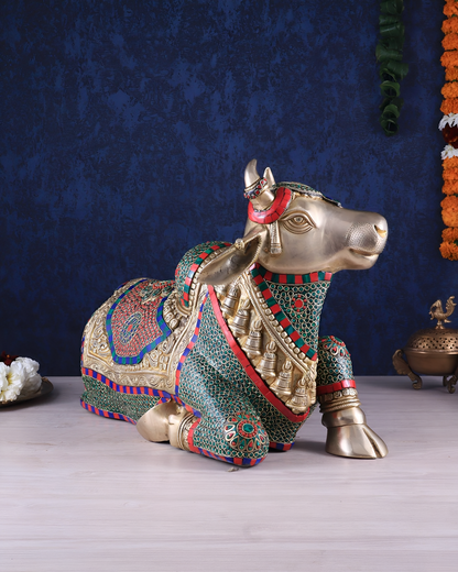 Brassaura™ Brass Nandi Statue with Intricate Stonework – Height 15" & Weight 22.5 Kgs | Temple & Home Décor