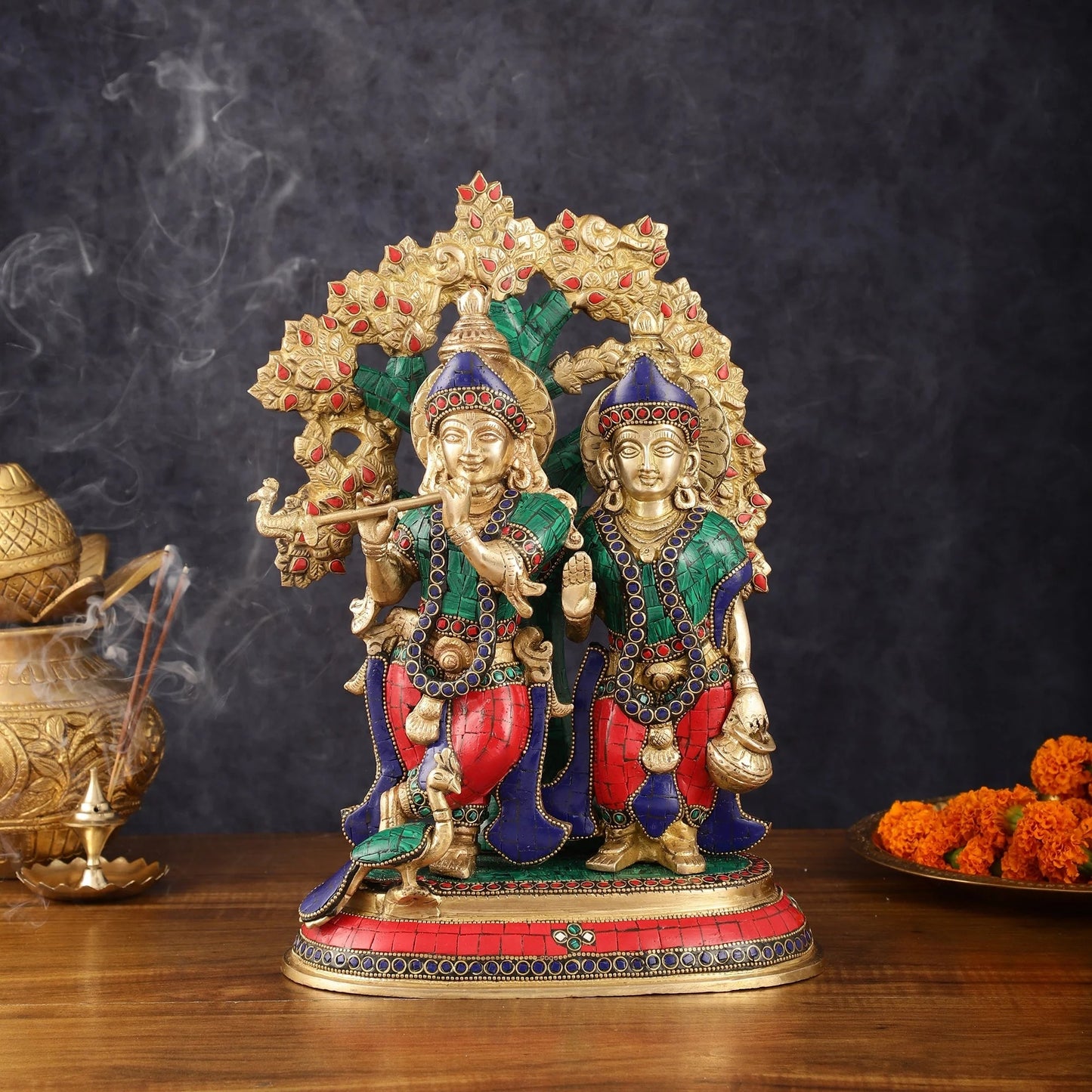 Brassaura™ Pure Superfine Brass Radha Krishna Idols with Kalpavriksha & Peacock – 14 Inch Height, 8.5 Kg Pair | Intricate Meenakari Stonework
