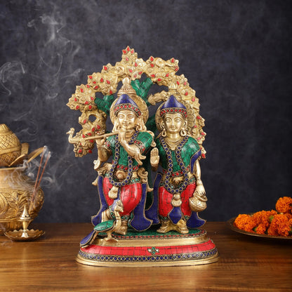 Brassaura™ Pure Superfine Brass Radha Krishna Idols with Kalpavriksha & Peacock – 14 Inch Height, 8.5 Kg Pair | Intricate Meenakari Stonework