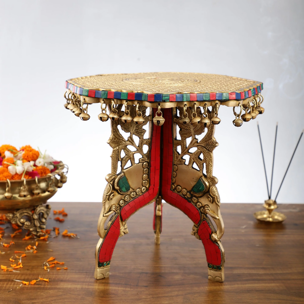 Brassaura® Three-Legged Elephant Chowki with Multicolor Stonework & Ghungroo Bells | Pure Superfine Brass Handcrafted Pedestal | Brass Bajot for Home Temple, Pooja Room | Height 11.8 Inches | Weight 8 Kgs
