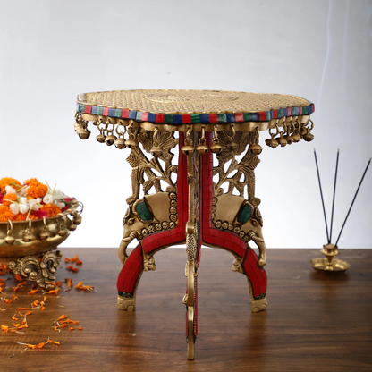Brassaura® Three-Legged Elephant Chowki with Multicolor Stonework & Ghungroo Bells | Pure Superfine Brass Handcrafted Pedestal | Brass Bajot for Home Temple, Pooja Room | Height 11.8 Inches | Weight 8 Kgs