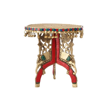 Brassaura® Three-Legged Elephant Chowki with Multicolor Stonework & Ghungroo Bells | Pure Superfine Brass Handcrafted Pedestal | Brass Bajot for Home Temple, Pooja Room | Height 11.8 Inches | Weight 8 Kgs