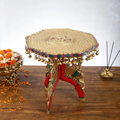 Brassaura® Three-Legged Elephant Chowki with Multicolor Stonework & Ghungroo Bells | Pure Superfine Brass Handcrafted Pedestal | Brass Bajot for Home Temple, Pooja Room | Height 11.8 Inches | Weight 8 Kgs