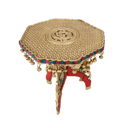 Brassaura® Three-Legged Elephant Chowki with Multicolor Stonework & Ghungroo Bells | Pure Superfine Brass Handcrafted Pedestal | Brass Bajot for Home Temple, Pooja Room | Height 11.8 Inches | Weight 8 Kgs